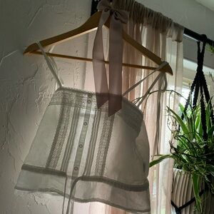 white summer tie shoulder top with buttons